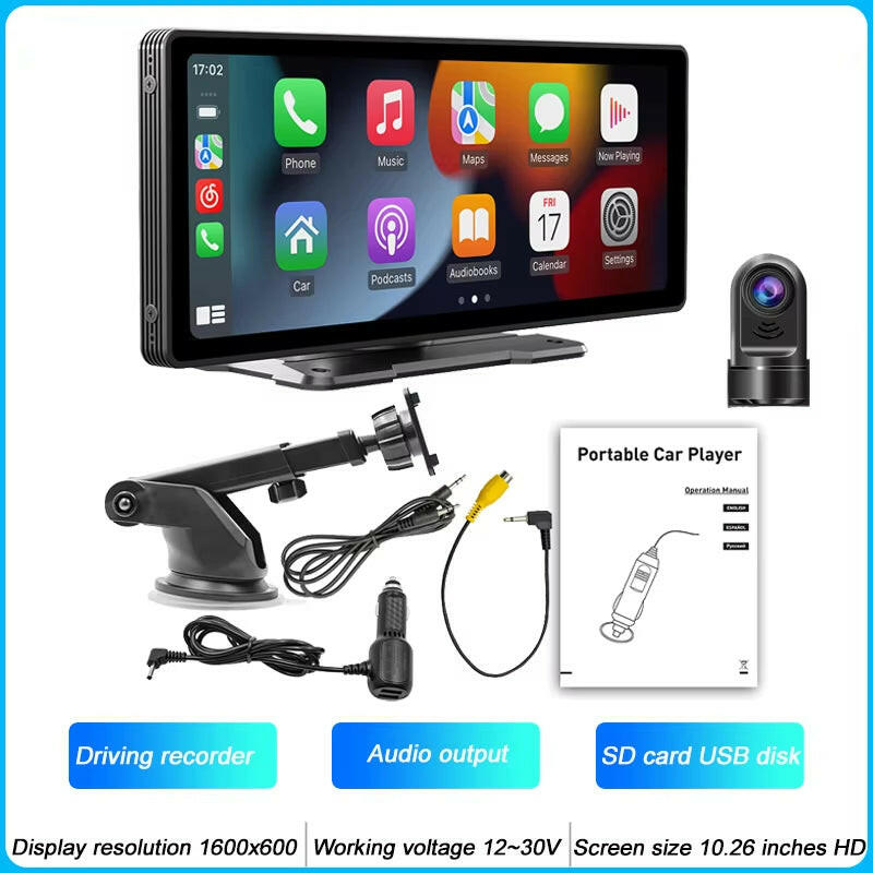 10.26-Inch Portable MP5 Multimedia Video Player with Android Auto, Wireless CarPlay, HD Rearview Camera, and Car Radio Functionality.