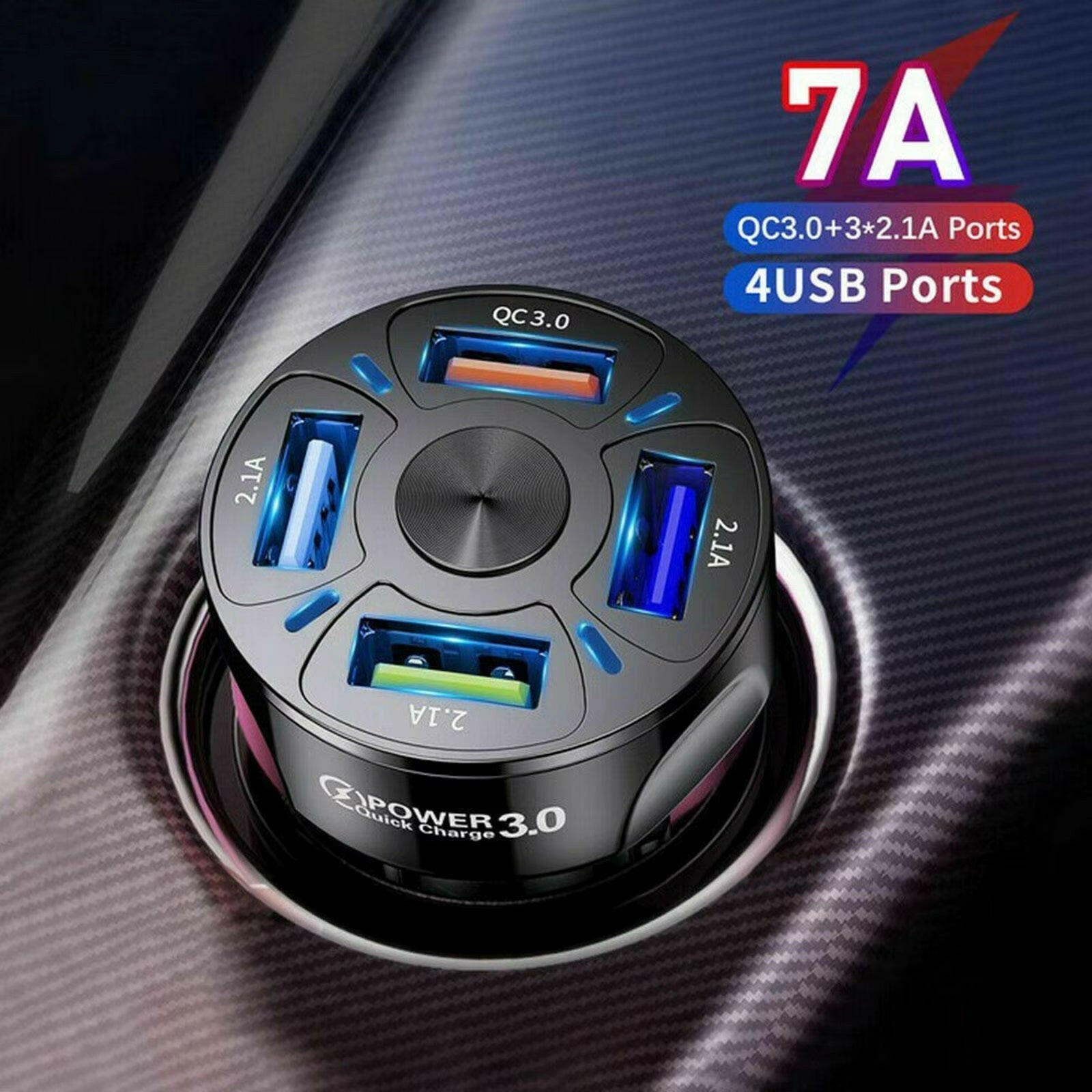 Car Charger with 4 USB Ports, Fast Charging LED Display, and QC 3.0 Adapter.