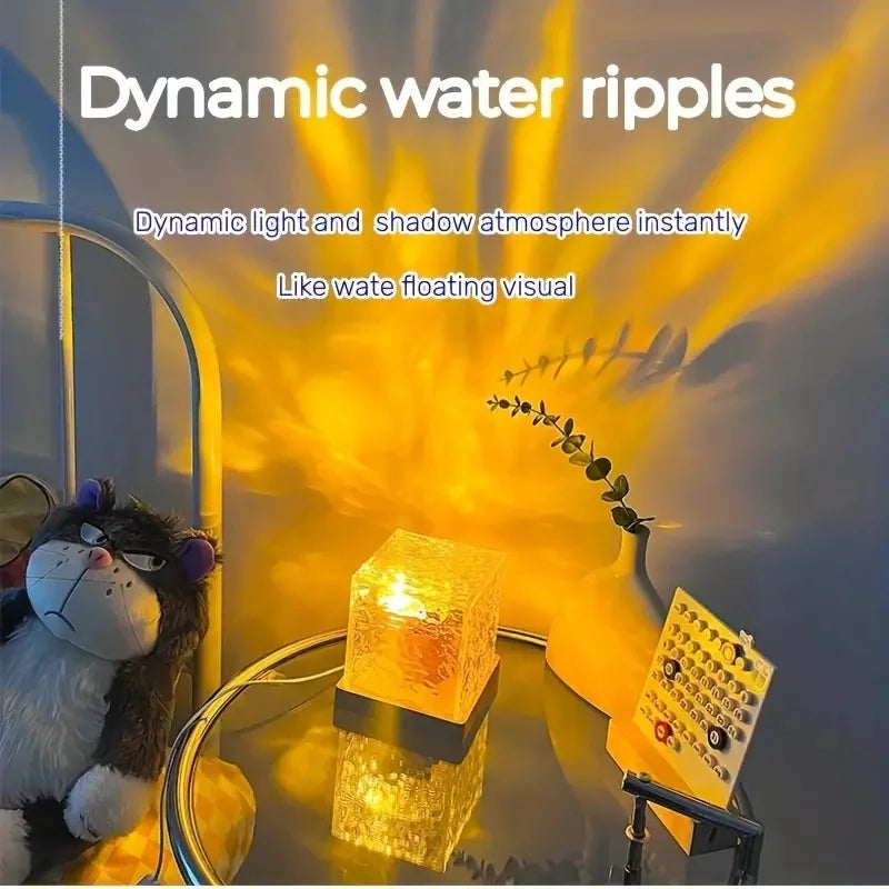 Dynamic Rotating Water Ripple Projector Night Light - 3/16 Color Flame Crystal Lamp for Bedroom, Living Room, and Study.