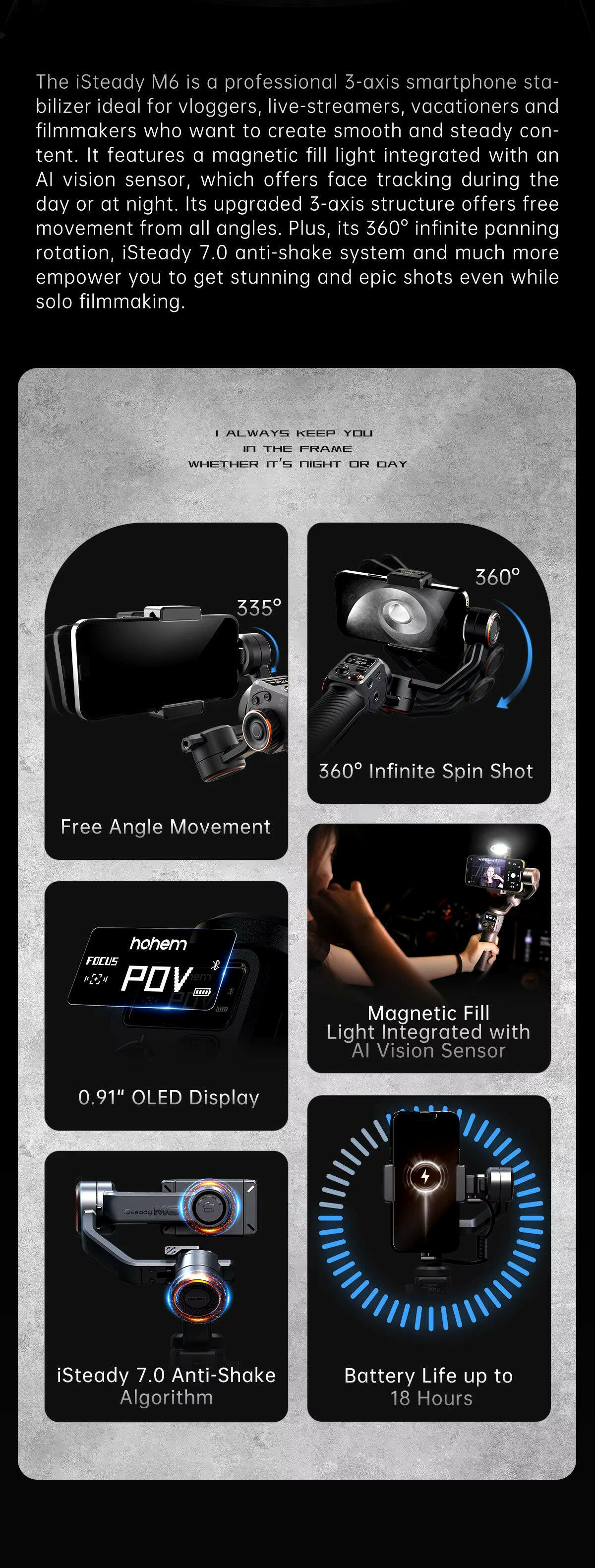 Hohem Isteady M6 3-Axis Gimbal Stabilizer with Foldable Selfie Stick, App Control, and Magnetic Fill Light for Smartphones.
