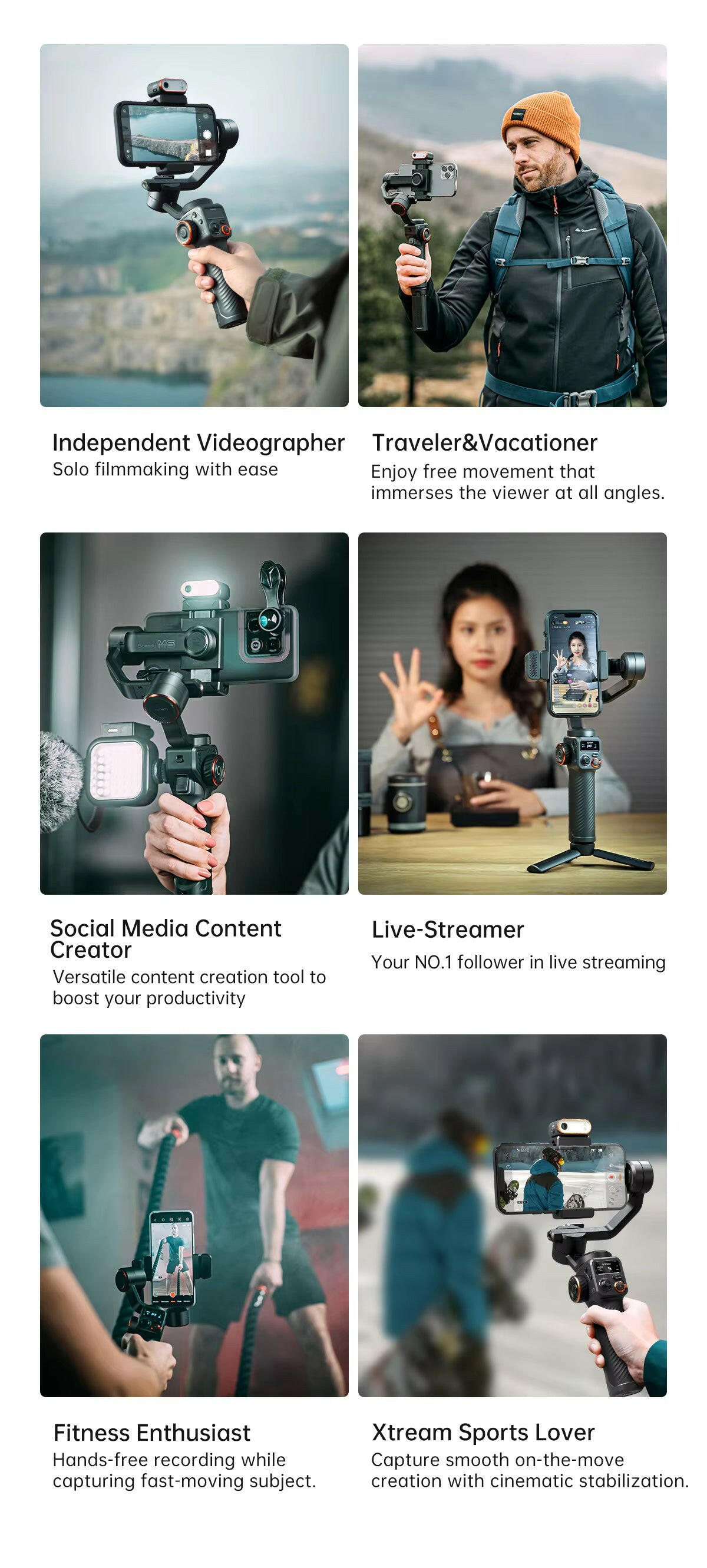 Hohem Isteady M6 3-Axis Gimbal Stabilizer with Foldable Selfie Stick, App Control, and Magnetic Fill Light for Smartphones.