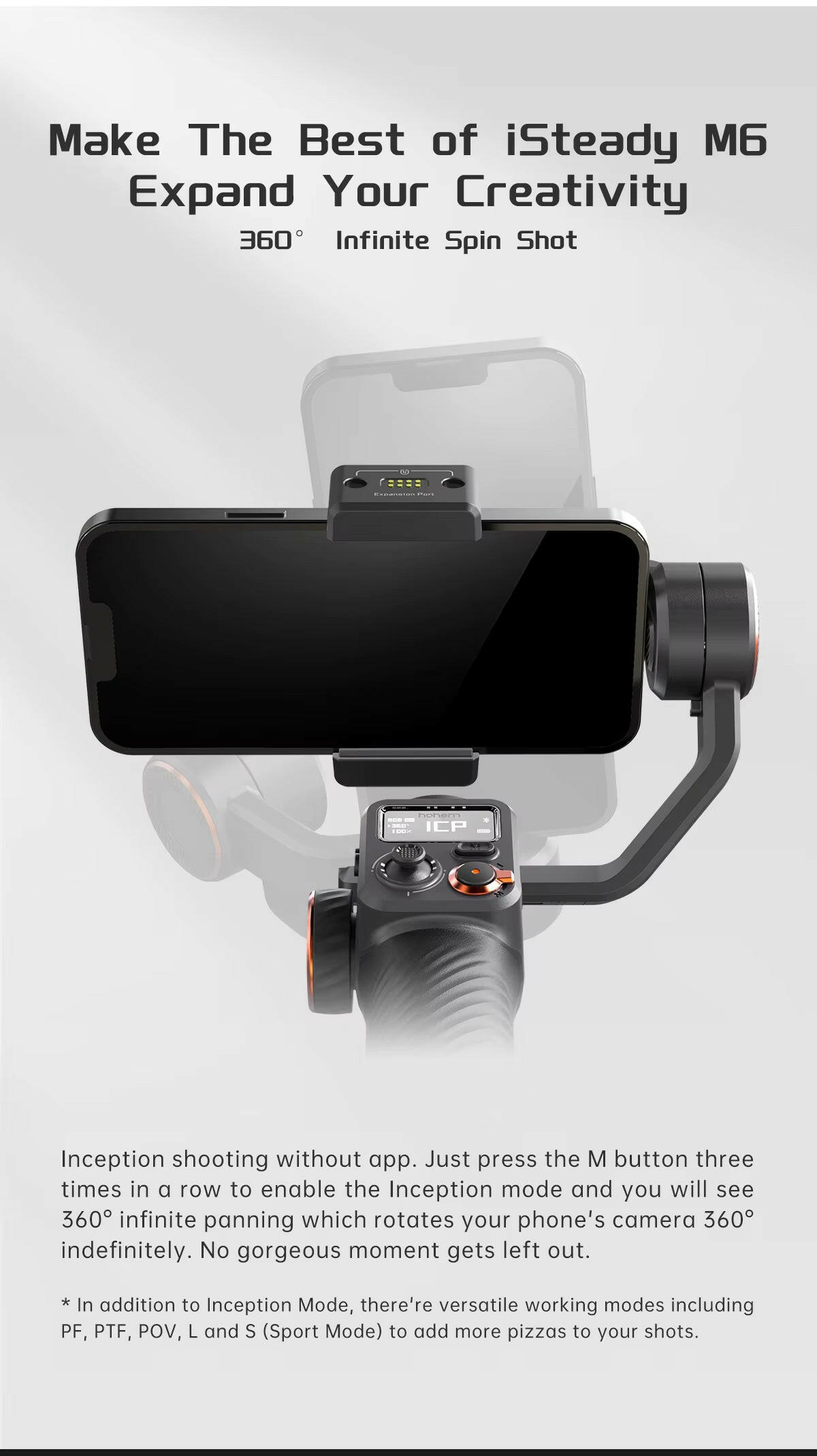 Hohem Isteady M6 3-Axis Gimbal Stabilizer with Foldable Selfie Stick, App Control, and Magnetic Fill Light for Smartphones.