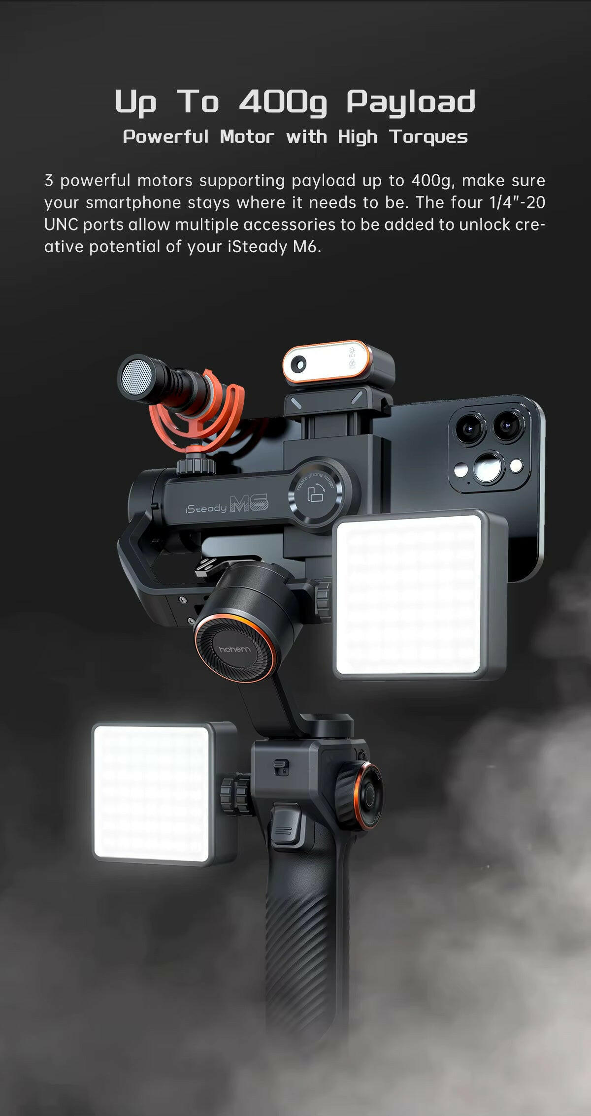 Hohem Isteady M6 3-Axis Gimbal Stabilizer with Foldable Selfie Stick, App Control, and Magnetic Fill Light for Smartphones.