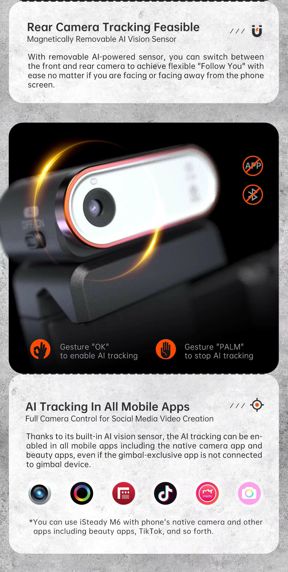 Hohem Isteady M6 3-Axis Gimbal Stabilizer with Foldable Selfie Stick, App Control, and Magnetic Fill Light for Smartphones.