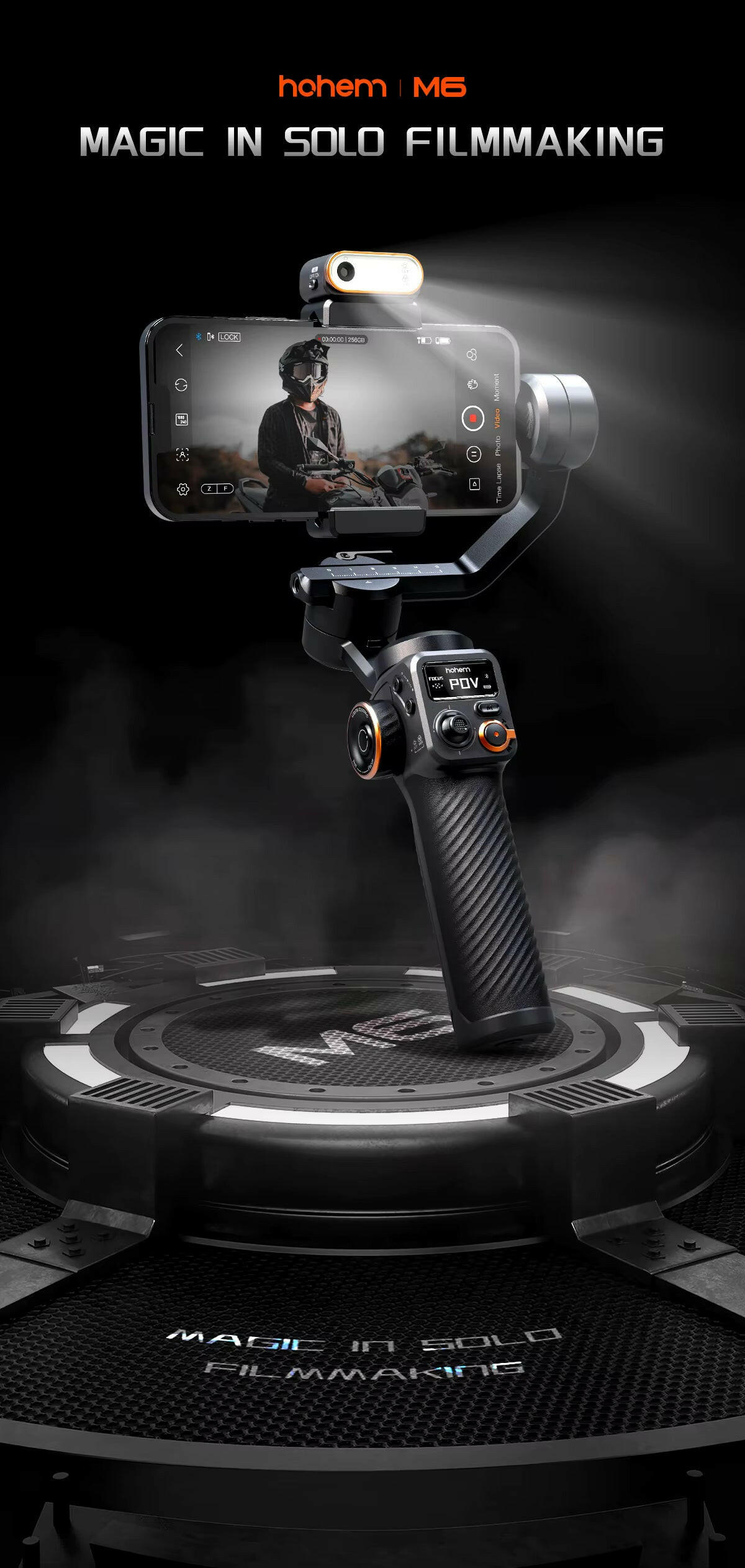 Hohem Isteady M6 3-Axis Gimbal Stabilizer with Foldable Selfie Stick, App Control, and Magnetic Fill Light for Smartphones.