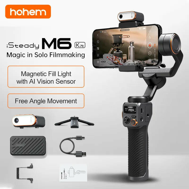 Hohem Isteady M6 3-Axis Gimbal Stabilizer with Foldable Selfie Stick, App Control, and Magnetic Fill Light for Smartphones.
