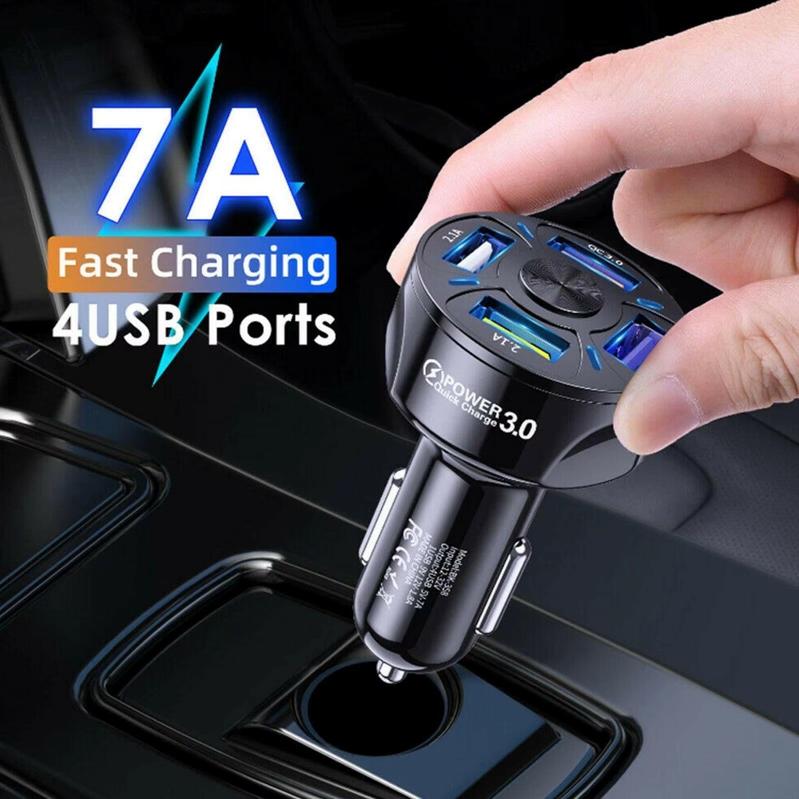 Car Charger with 4 USB Ports, Fast Charging LED Display, and QC 3.0 Adapter.