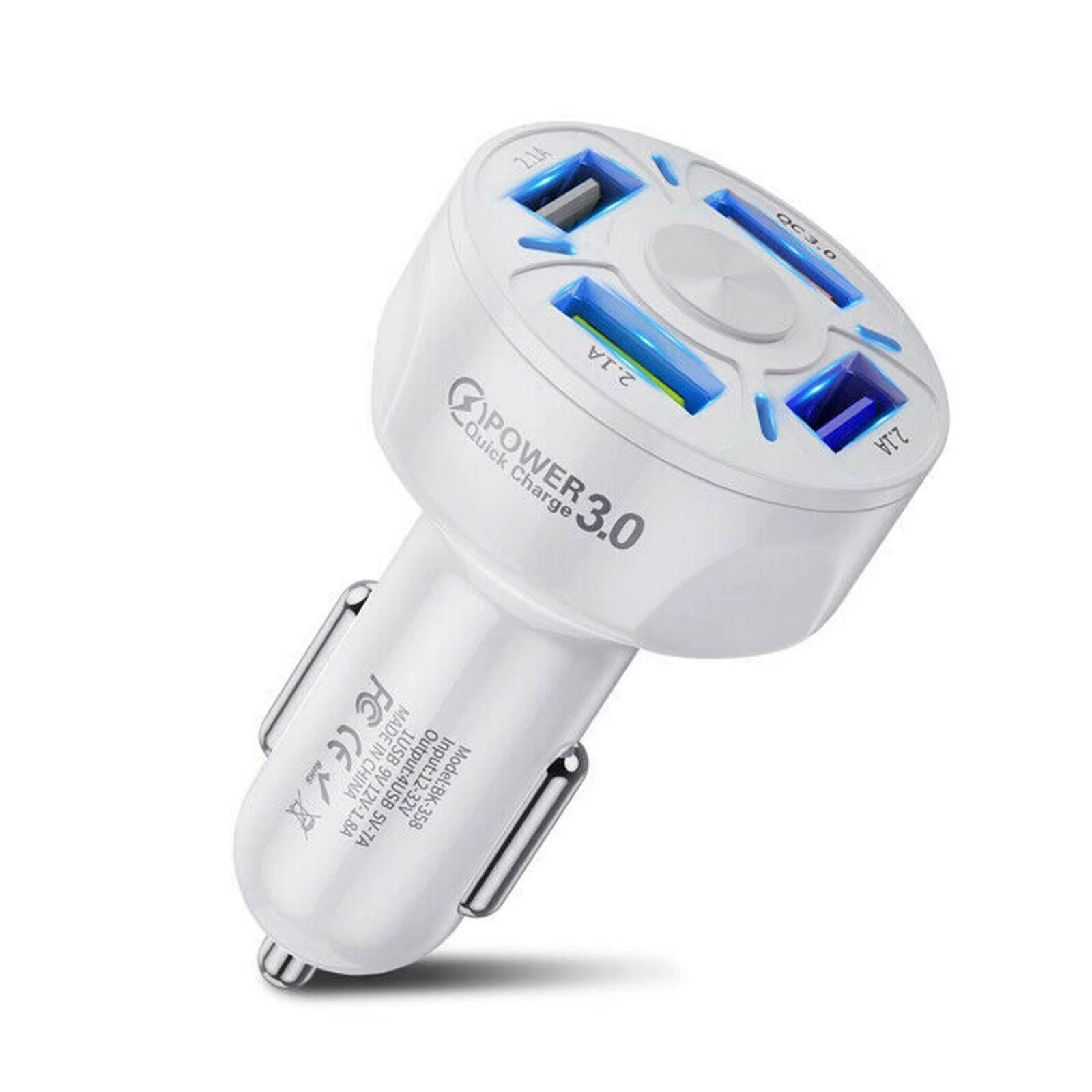 Car Charger with 4 USB Ports, Fast Charging LED Display, and QC 3.0 Adapter.