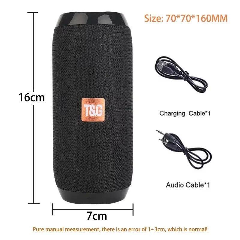 Waterproof Portable Bluetooth Speaker with Subwoofer, AUX, and FM Radio Functionality.
