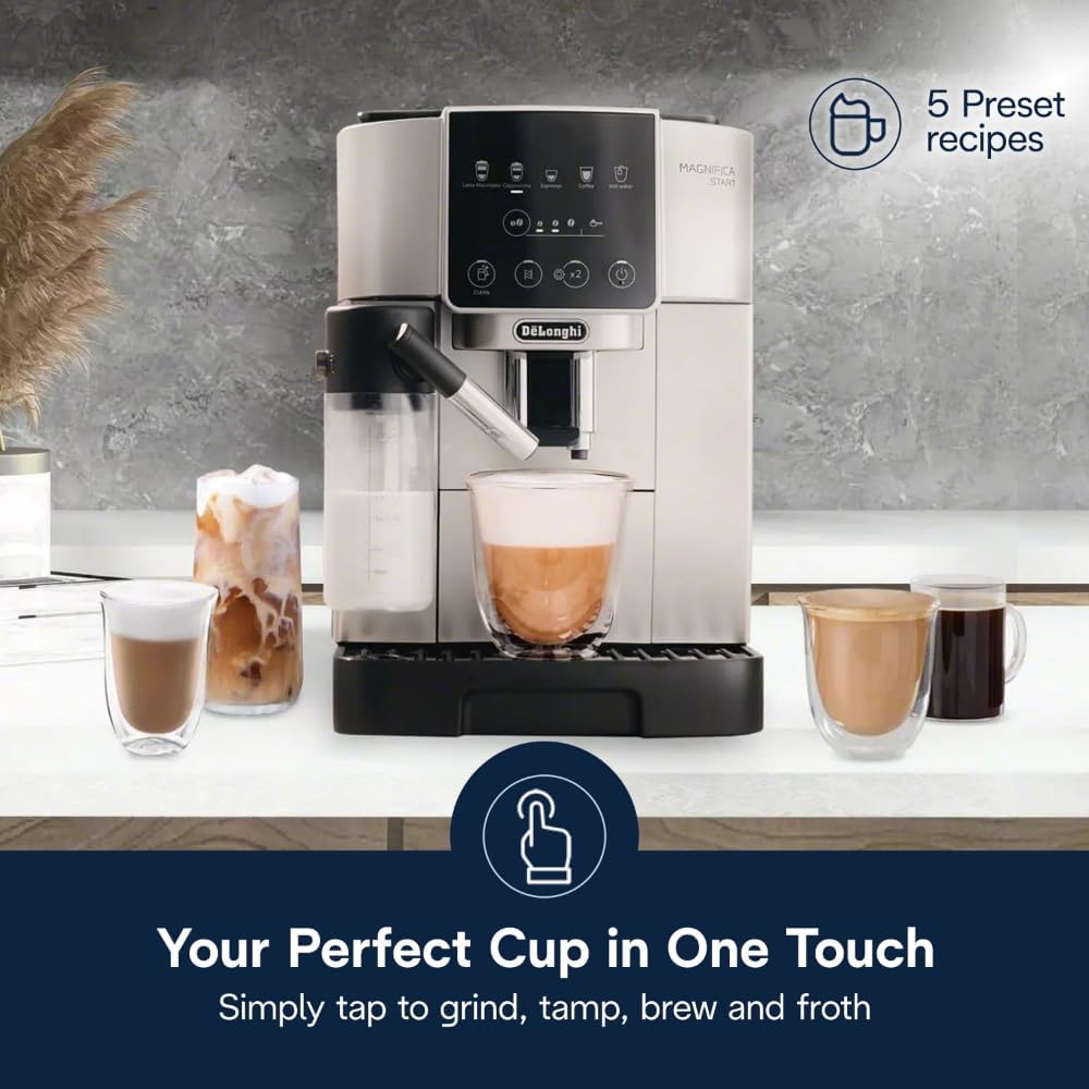 De'Longhi Magnifica Start Fully Automatic Espresso Machine with Integrated Milk Frother and Grinder – Craft Lattes, Cappuccinos, and Iced Coffee with One-Touch Convenience.