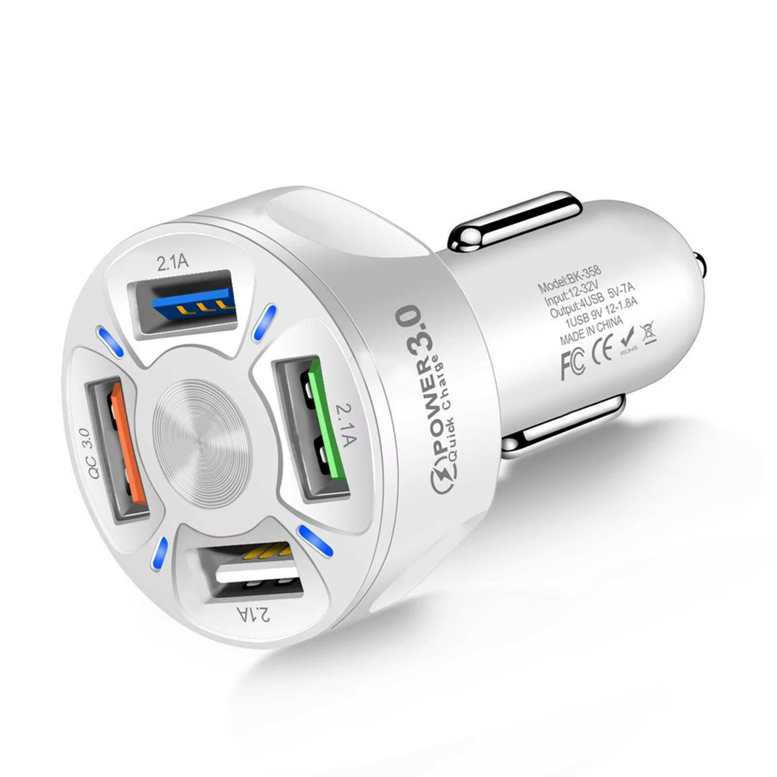 Car Charger with 4 USB Ports, Fast Charging LED Display, and QC 3.0 Adapter.
