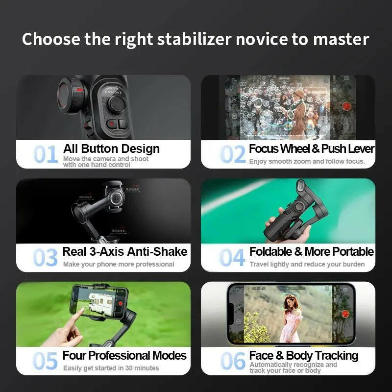 AOCHUAN Smartxe 3-Axis Handheld Gimbal Stabilizer for Smartphones with AI Face Tracking for TikTok and Vlogging.
