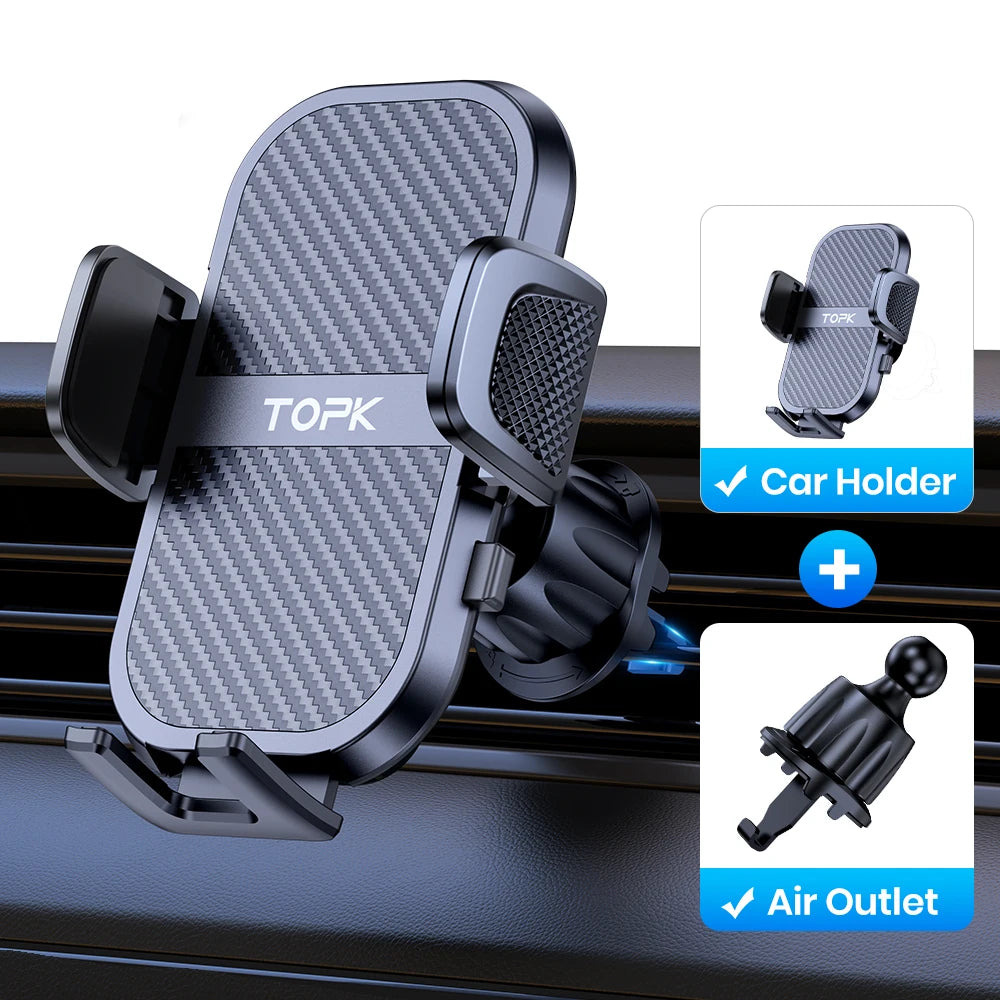TOPK Premium Automotive Smartphone Mount - Ultra-Stable Holder for Dashboard, Windscreen, and Air Vent Compatibility with All Smartphones.