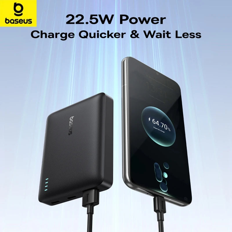 Baseus 22.5W 10000mAh Portable Power Bank with Quick Charge and Power Delivery Fast Charging for iPhone 16, 15, Samsung, and Xiaomi Devices.