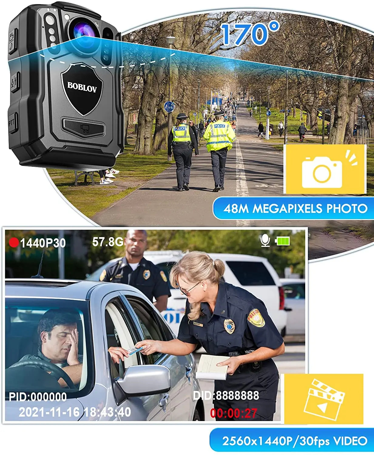 M5 Mini HD Body Camera with 4200mAh Battery, 15-Hour Recording Time, 1440P Resolution, 170° Wide Angle, and 128GB Storage Capacity.