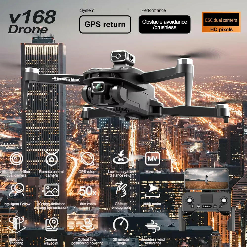 V168 Professional Drone with Triple Camera System, 8K Wide Angle, GPS Localization, and Four-Way Obstacle Avoidance Quadcopter.