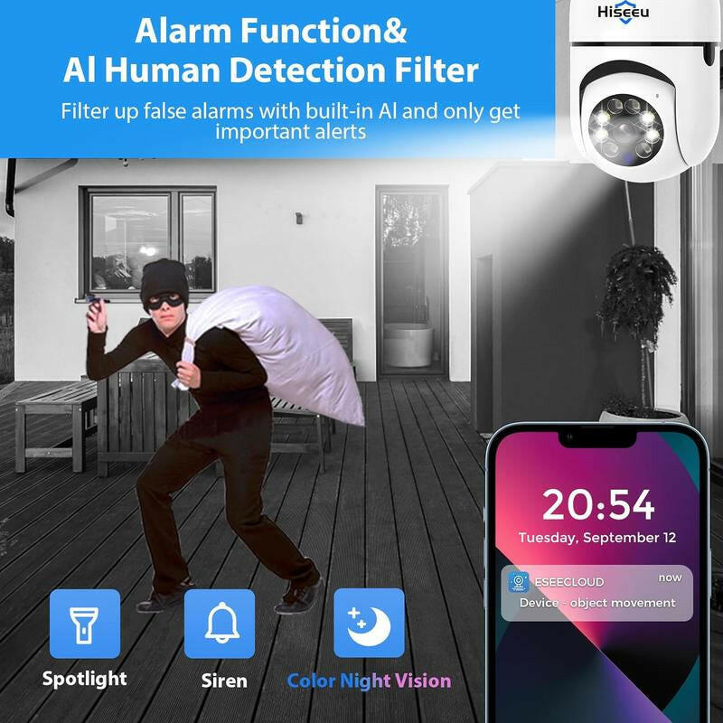 2.4G WIFI Wireless Light Bulb Security Camera with SD CARD, 3MP PTZ Full Color Night Vision, 2-Way-Audio, Motion Detection Alarm Spotlight Siren Live View Camara Para.