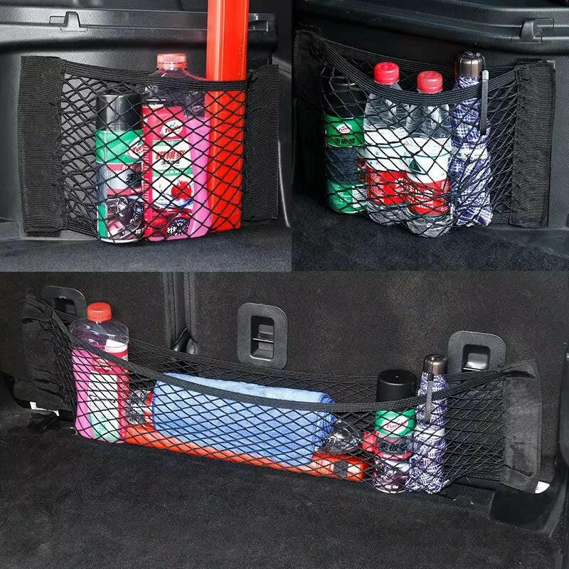 Car Back Seat Mesh Storage Organizer with Elastic String Net and Magic Sticker - Universal Trunk Pocket Cage.