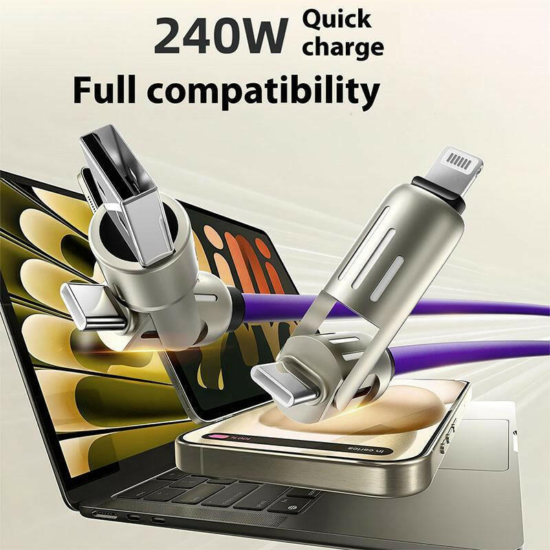240W 4-in-1 USB-C Multi Charger Cable with Breathing Light, PD 5A Fast Charging and Data Sync for iPhone, Samsung, and Laptops.