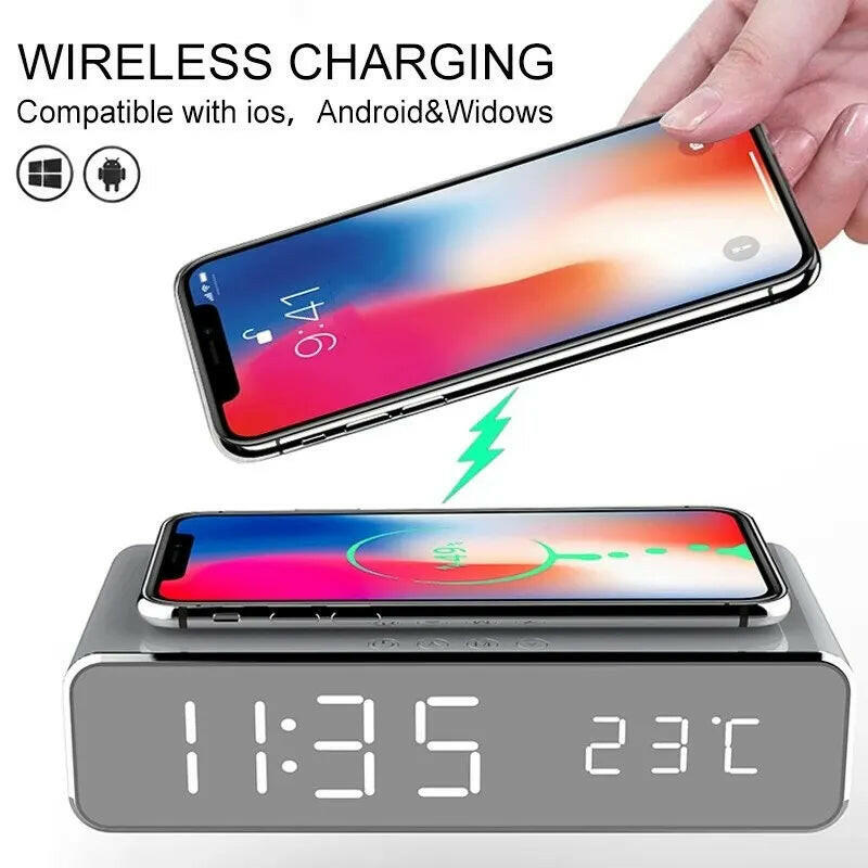 Wireless Charging Dock Station with Time Alarm Clock, LED Digital Thermometer, and Fast Charging for iPhone and Samsung Earphones.