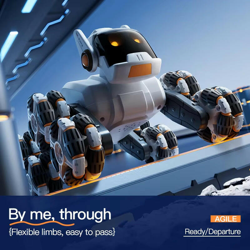 Intelligent Remote Control Robot Dog with Eight Wheels and Tail Spray Stunt Features - Four Skill Functions for Children.