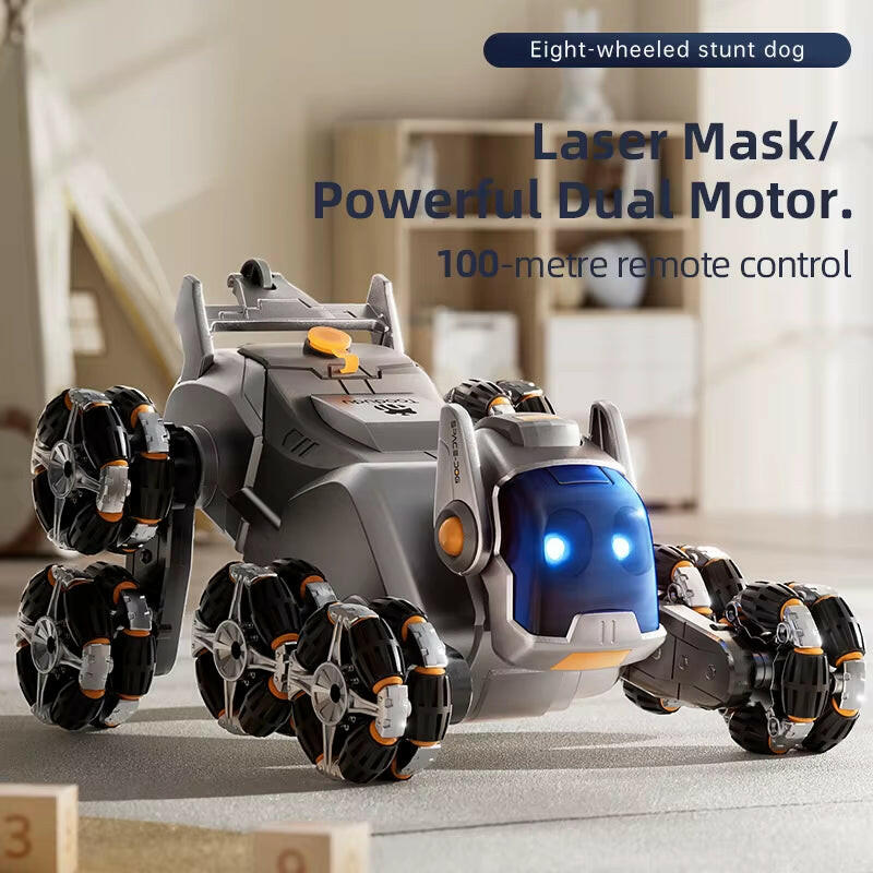 Intelligent Remote Control Robot Dog with Eight Wheels and Tail Spray Stunt Features - Four Skill Functions for Children.