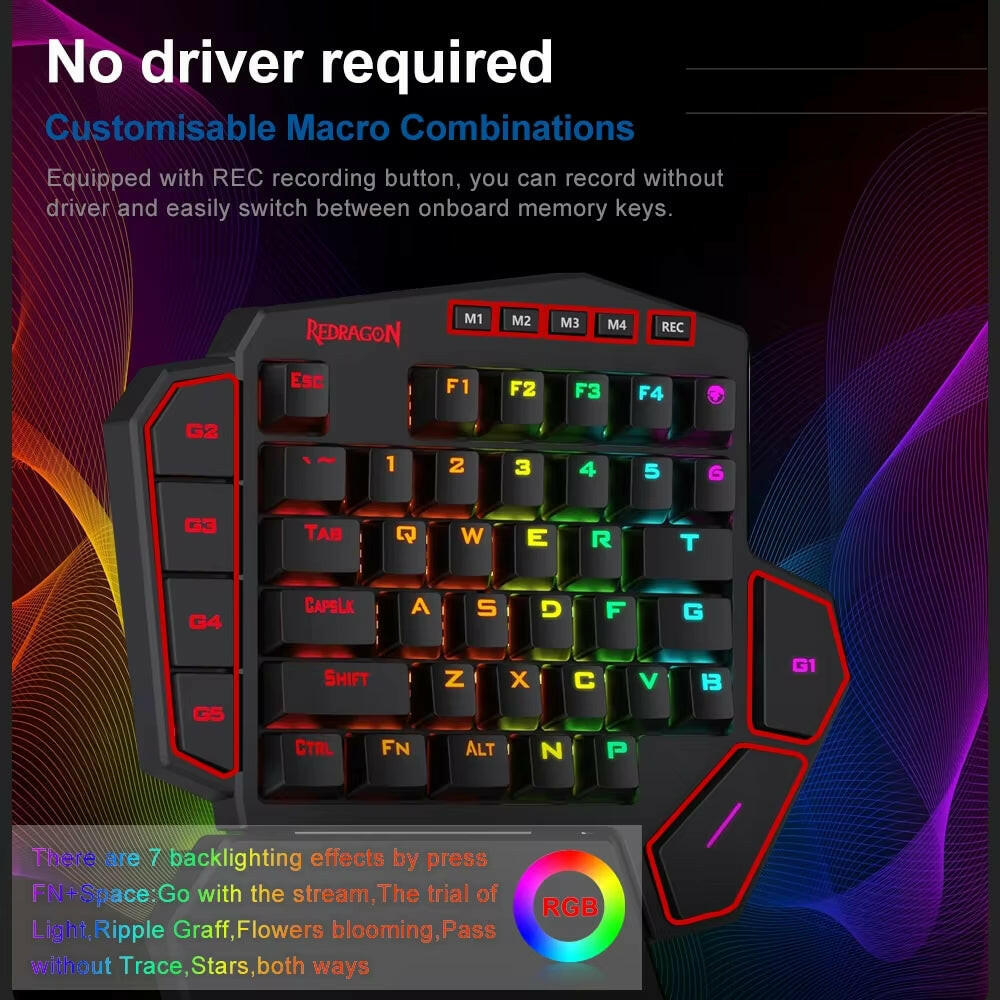 DITI ELITE K585 RGB Wireless One-Handed Mechanical Gaming Keyboard with Blue Switches and 7 Programmable Macro Keys.