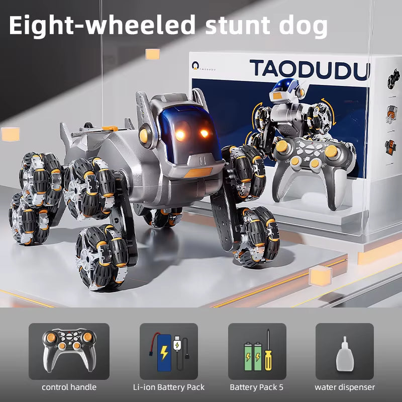 Intelligent Remote Control Robot Dog with Eight Wheels and Tail Spray Stunt Features - Four Skill Functions for Children