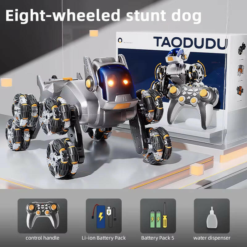 Intelligent Remote Control Robot Dog with Eight Wheels and Tail Spray Stunt Features - Four Skill Functions for Children.