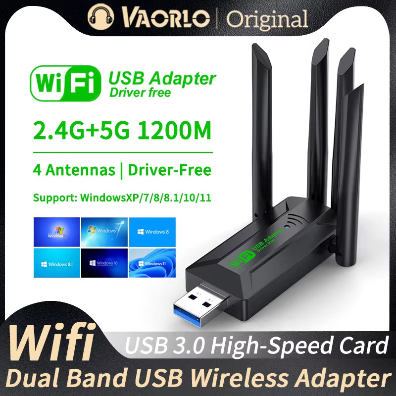 1200Mbps Dual Band Wi-Fi USB Adapter with 4 Antennas, 802.11AC, USB 3.0 High-Speed Wireless Receiver for PC and Laptop