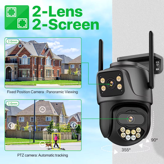 External 4K Dual Lens PTZ WiFi Camera - 8MP HD Outdoor IP Surveillance with 4MP Auto Tracking and Icsee P2P Technology