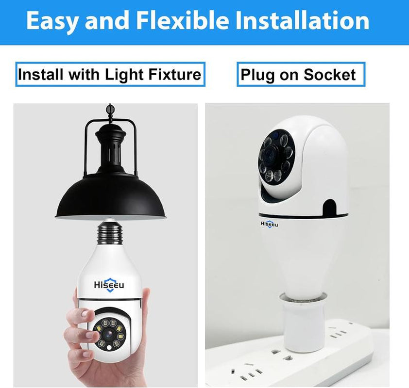 2.4G WIFI Wireless Light Bulb Security Camera with SD CARD, 3MP PTZ Full Color Night Vision, 2-Way-Audio, Motion Detection Alarm Spotlight Siren Live View Camara Para