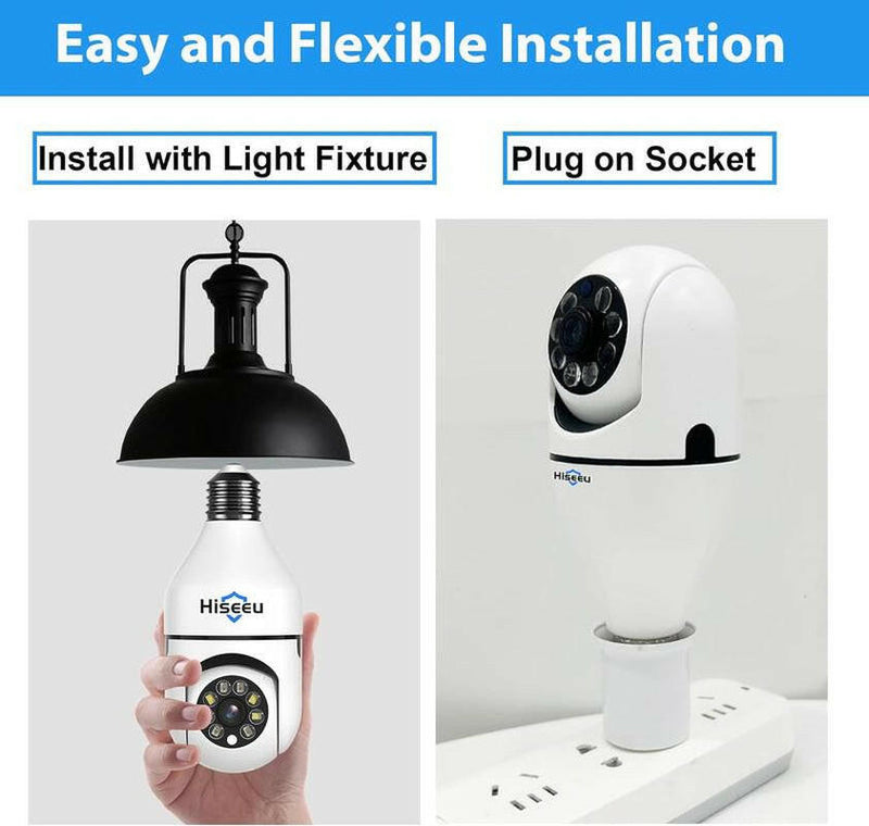 2.4G WIFI Wireless Light Bulb Security Camera with SD CARD, 3MP PTZ Full Color Night Vision, 2-Way-Audio, Motion Detection Alarm Spotlight Siren Live View Camara Para.