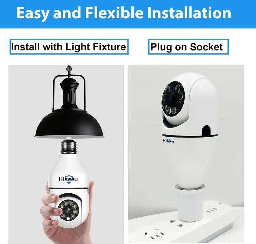 2.4G WIFI Wireless Light Bulb Security Camera with SD CARD, 3MP PTZ Full Color Night Vision, 2-Way-Audio, Motion Detection Alarm Spotlight Siren Live View Camara Para.