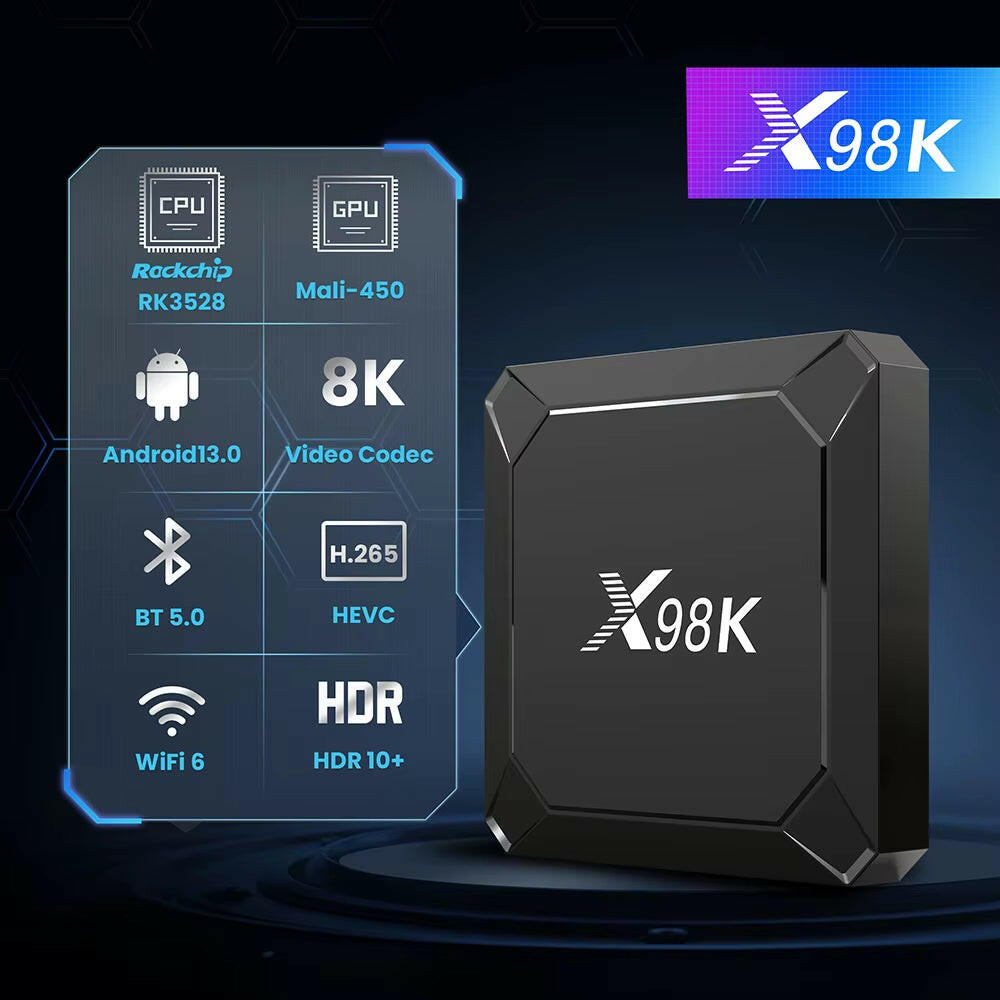 X98K Android 13 Smart TV Box with 8K Resolution, Dual Wi-Fi, and Bluetooth 5.0.