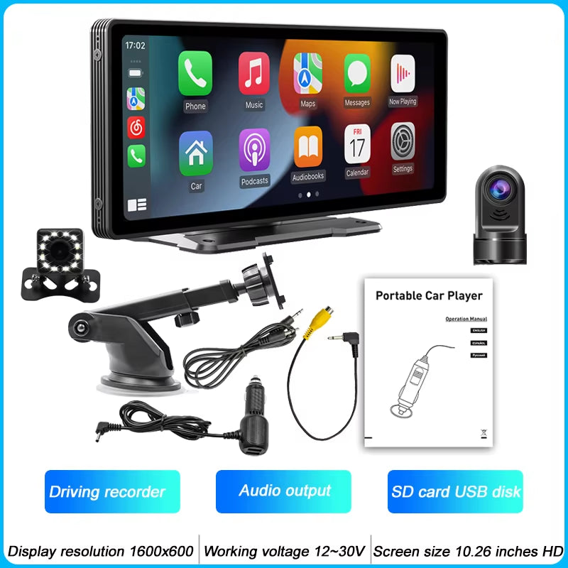 10.26-Inch Portable MP5 Multimedia Video Player with Android Auto, Wireless CarPlay, HD Rearview Camera, and Car Radio Functionality