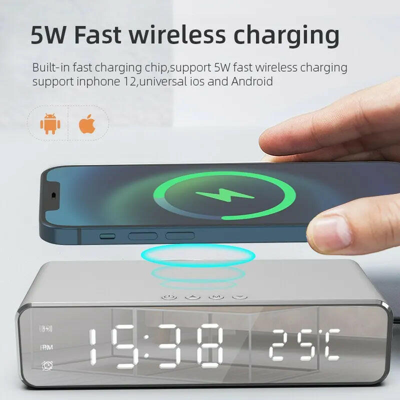 Wireless Charging Dock Station with Time Alarm Clock, LED Digital Thermometer, and Fast Charging for iPhone and Samsung Earphones.