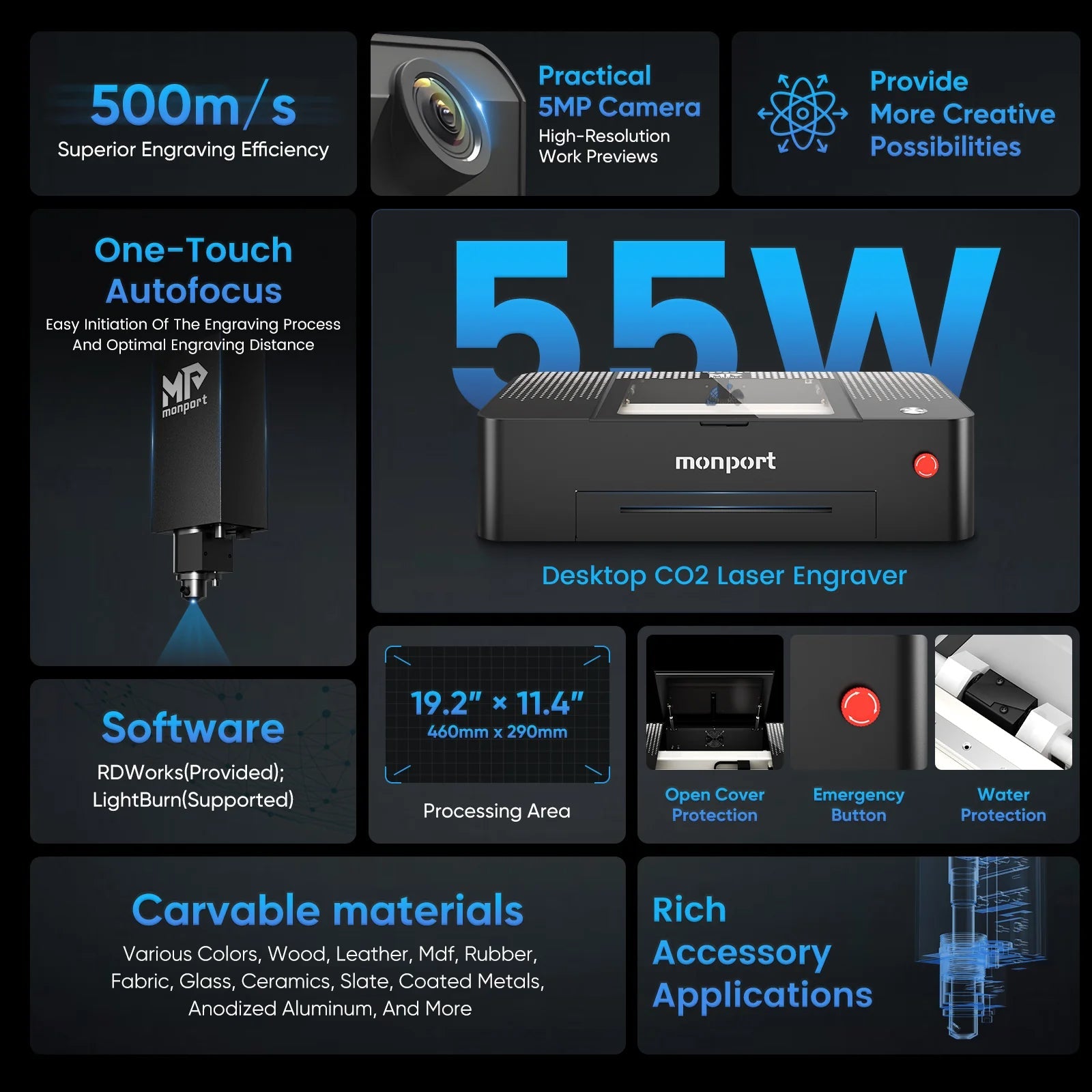 MONPORT ONYX 55W Desktop CO2 Laser Engraving Machine with Autofocus Feature