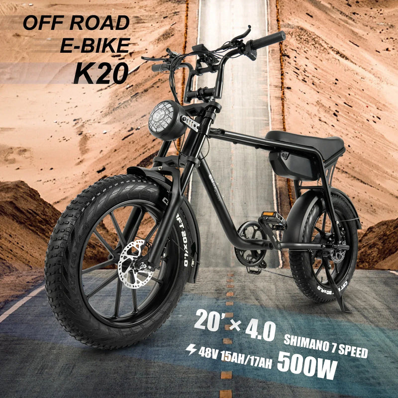 K20 Electric Bicycle Featuring a 500W Motor and 48V 16AH Lithium Battery - Urban Adult E-Bike with 20-Inch Fat Tires for Mountain Cycling