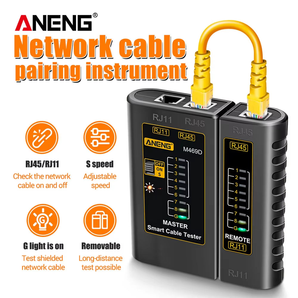 M469D Network Cable Tester for RJ45, RJ11, RJ12, CAT5, and UTP - Professional Networking Tool for Cable Repair