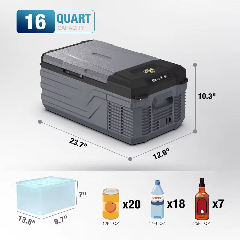 12-Volt Portable Car Refrigerator, 16-Quart Electric Cooler for Outdoor Camping and Travel, Compatible with 12V/24V DC and 110V Power Sources