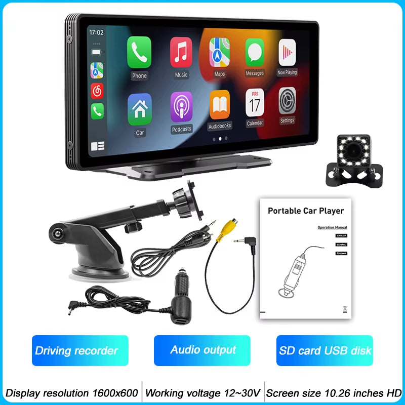 10.26-Inch Portable MP5 Multimedia Video Player with Android Auto, Wireless CarPlay, HD Rearview Camera, and Car Radio Functionality