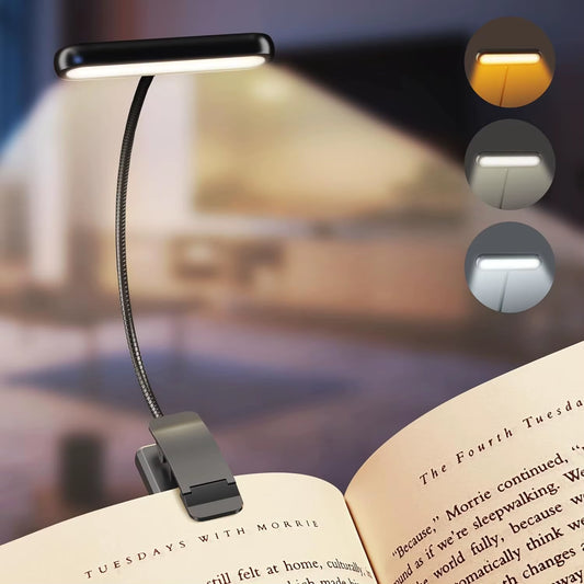 LED Rechargeable Clip-On Reading Light with Adjustable Dimming and Flexible Neck for Eye Comfort