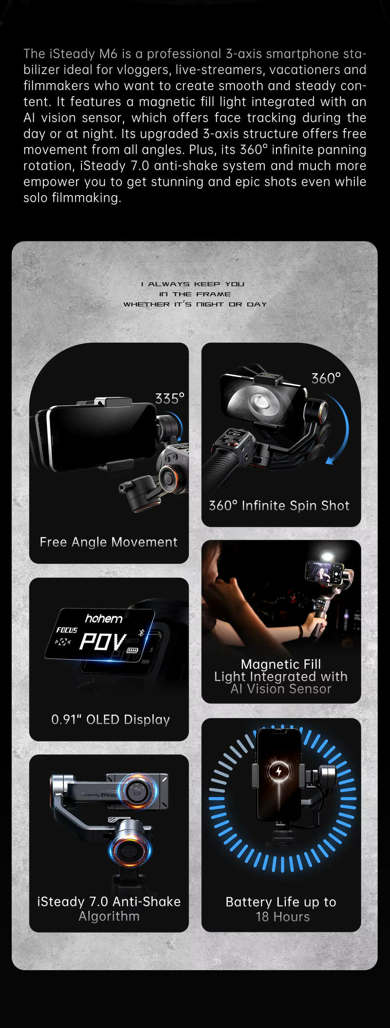Hohem Isteady M6 3-Axis Gimbal Stabilizer with Foldable Selfie Stick, App Control, and Magnetic Fill Light for Smartphones.