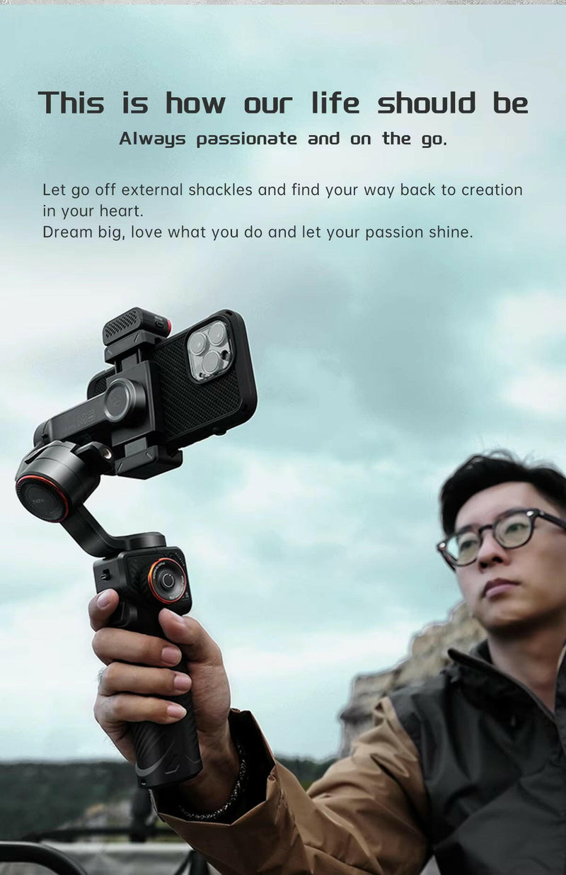 Hohem Isteady M6 3-Axis Gimbal Stabilizer with Foldable Selfie Stick, App Control, and Magnetic Fill Light for Smartphones.