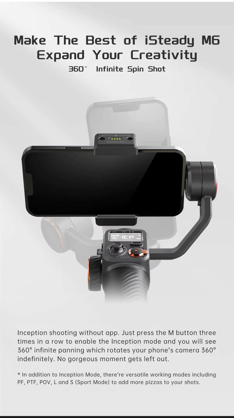 Hohem Isteady M6 3-Axis Gimbal Stabilizer with Foldable Selfie Stick, App Control, and Magnetic Fill Light for Smartphones.
