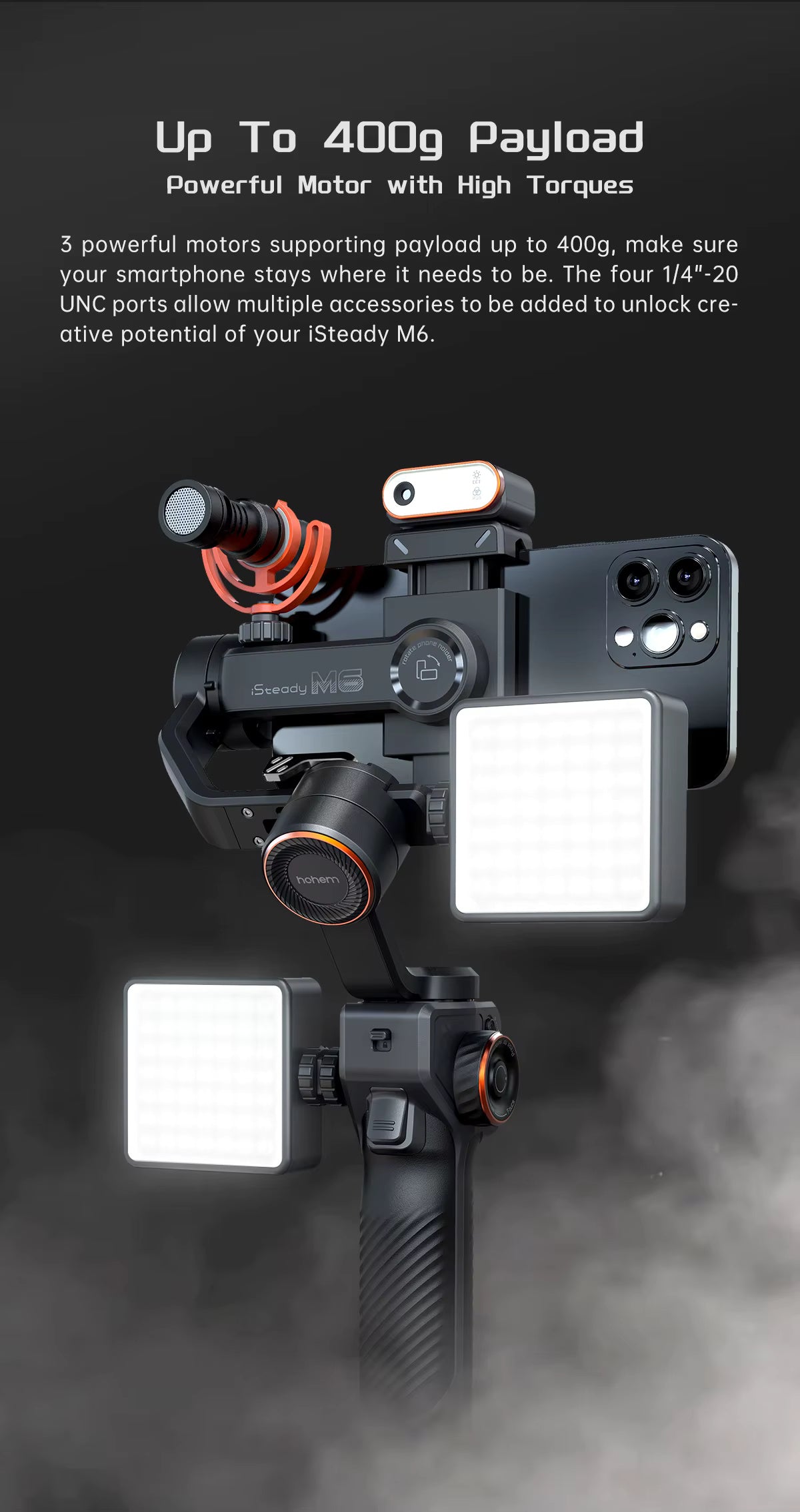 Hohem Isteady M6 3-Axis Gimbal Stabilizer with Foldable Selfie Stick, App Control, and Magnetic Fill Light for Smartphones