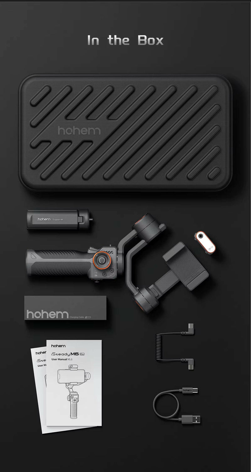 Hohem Isteady M6 3-Axis Gimbal Stabilizer with Foldable Selfie Stick, App Control, and Magnetic Fill Light for Smartphones.