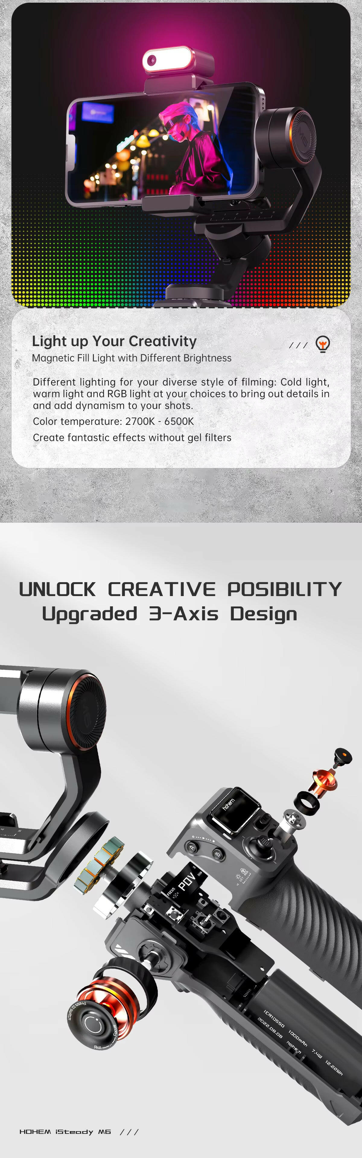 Hohem Isteady M6 3-Axis Gimbal Stabilizer with Foldable Selfie Stick, App Control, and Magnetic Fill Light for Smartphones.