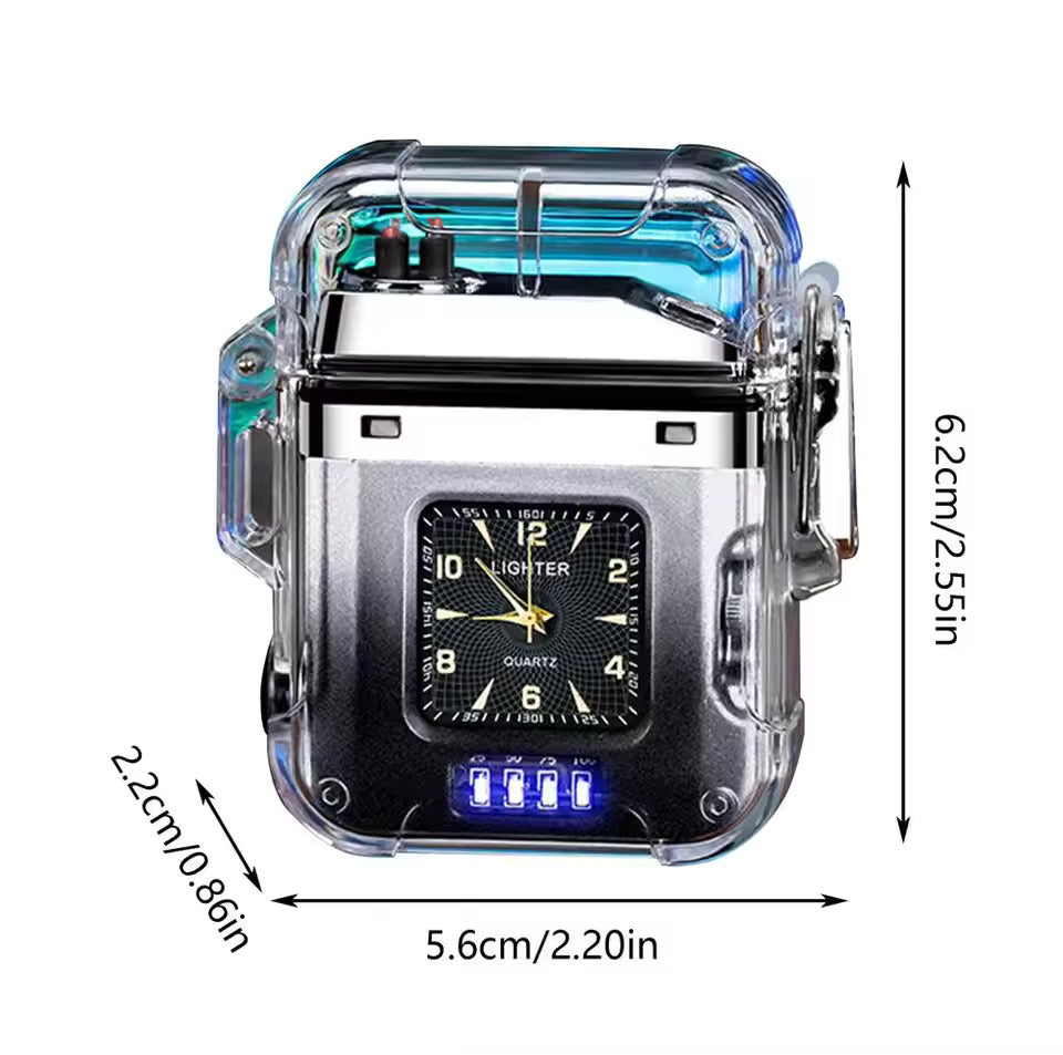 Dual Arc Plasma Waterproof Lighter Watch Transparent Rechargeable USB Flashlight Windproof Lighter 